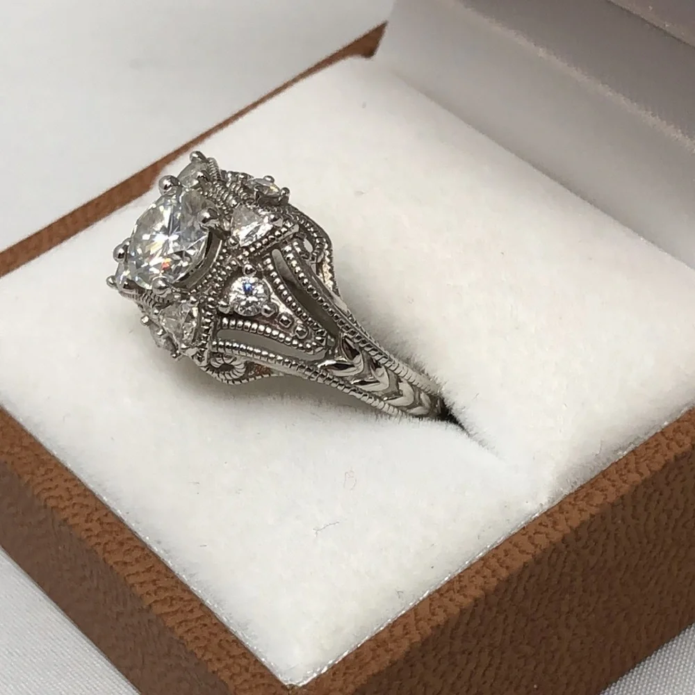 Moissanite Engagement Ring Sterling Silver 925 Vintage Halo Filigree Bridal Sz 6